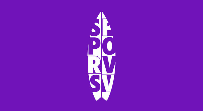 Surfboard Design Displaying The Word 'Sports' In A Vertical Arrangement Against Purple Background