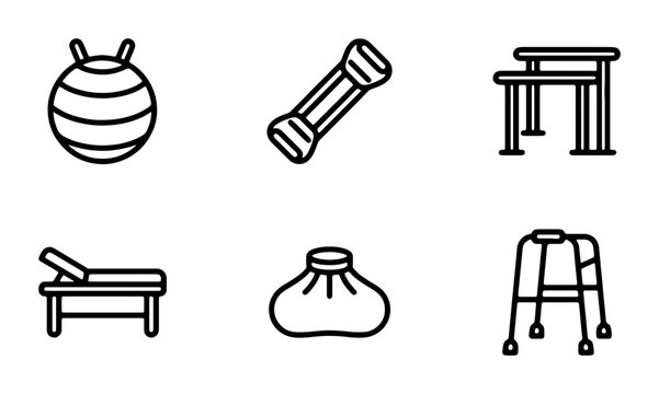 Fitness and Rehabilitation Equipment Icons: Exercise Ball, Dumbbell, Parallel Bars, Massage Table, Hot Pack, Walker