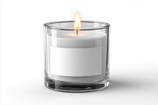 Candle white glass flame minimal blank label clean home decor candle white glass flame minimal blank label clean modern burning single wick front