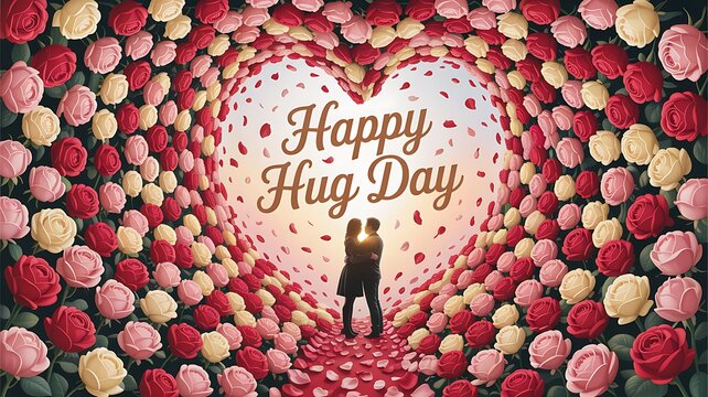 Happy Huy Day Greeting Card with Heart-Shaped Floral Frame, Rose Petals, and a Couple Silhouette at Center