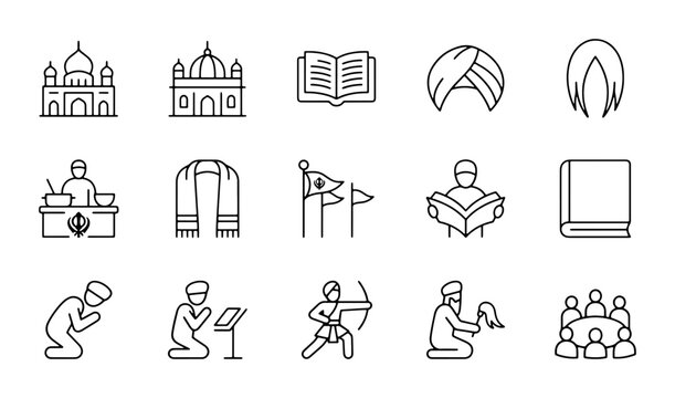 Sikhism Icons Set: Gurdwara, Guru Granth Sahib, Turban, Prayer, Worship, Culture, Religion