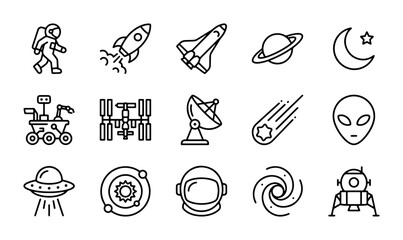 Space Icons Set: Astronaut, Rocket, UFO, Alien, Planets, Moon, Satellite, Starship © Kamrul