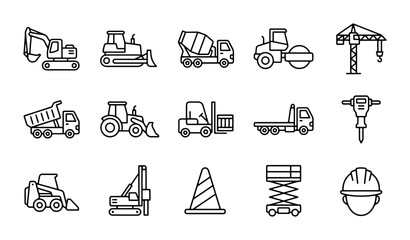 Construction Equipment Icons Set, Heavy Machinery Vector Graphics, Industrial Vehicles Collection © Kamrul