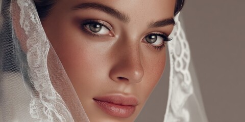 Fototapeta premium Woman with veil looking towards the viewer in soft focus studio lighting