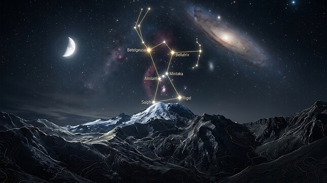 Orion Constellation Over Snow Capped Mountains with Moon and Galaxy