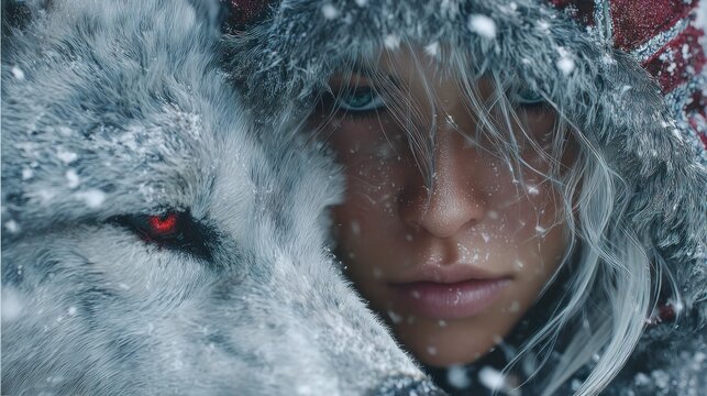Woman with wolf face in wintery scene fantasy concept detailed digital art