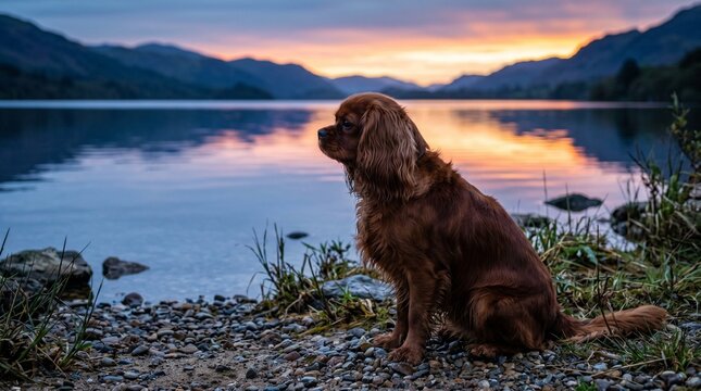 Cavalier king charles spaniel profile by lake at sunset