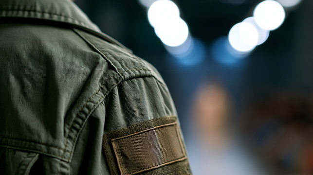 Military person wearing an olive green uniform jacket with a blank patch on shoulder, standing with blurred background lights, representing service, sacrifice, and duty, copy space