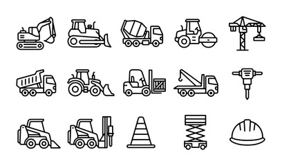 Construction Equipment Icons Set, Heavy Machinery Vector Graphics, Industrial Vehicles Collection © Fahim