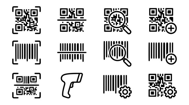 Barcode, QR code, scan icons, vector set, 10 symbols