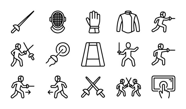 Fencing Sport Icons Set: Foil, Epee, Saber, Mask, Glove, Jacket, Athletes, Competition, Training