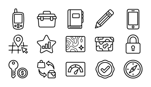 Business Icons Set: GPS, Toolbox, Notebook, Pencil, Smartphone, Map, Star Chart, Topography, Camouflage, Lock, Key, Exchange, Speedometer, Badge, Compass