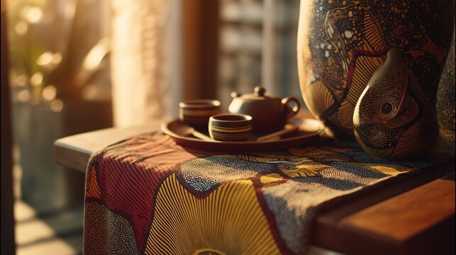 Minimal African tea setting with patterned fabric and warm sunlight