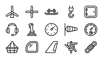 Aviation and Industrial Icons: Wind Turbine, Propeller, Sled, Crane, Safe, Joystick, Gauge, Wind Sock, Compass, Basket, Window, Tail Fin, Rope © Mushfiq