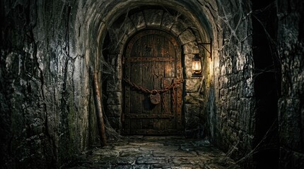 Obraz premium Ancient stone tunnel entrance with wooden door and lantern