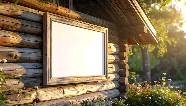 Blank wooden sign with empty frame hanging on rustic log cabin wall, golden hour sunlight, green foliage and flowers nearby, perfect for announcements or decorations