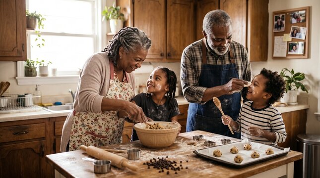 Emotional moment between black grandparents and grandchildren baking together, warm family connection and timeless affection concept