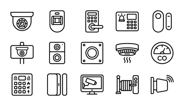 Security System Icons: Surveillance Cameras, Alarms, Access Control, Sensors, Vector Set