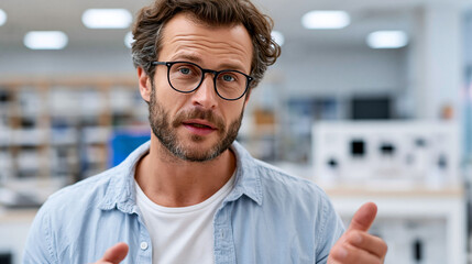 Obraz premium Professional man with glasses and beard having a conversation, explaining a concept or giving advice in a modern electronics store setting, gesticulating with hands, copy space