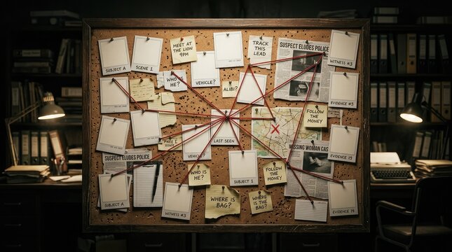 Detective investigation board with photos notes and red string connections