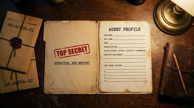 Espionage concept open agent profile and classified documents on wooden desk