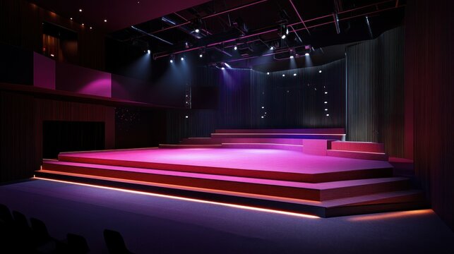 Modern theater stage, vibrant lighting, empty auditorium, digital rendering, for event planning