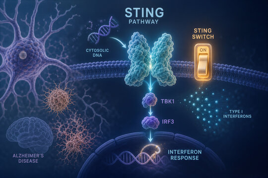 STING pathway stimulator of interferon genes TBK1 IRF3 interferon response STING switch neurology Alzheimer's disease molecular mechanism illustration for research discovery and signaling