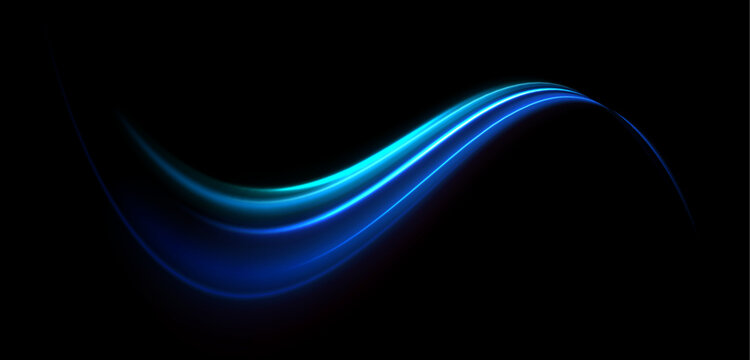 Bright blue waves of light form an abstract motion trail in space. Glittering points follow the glowing path. Dynamic lines evoke futuristic transportation and speed.