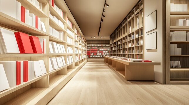 Modern bookstore interior, light wood shelves, spacious aisle, blank picture frames