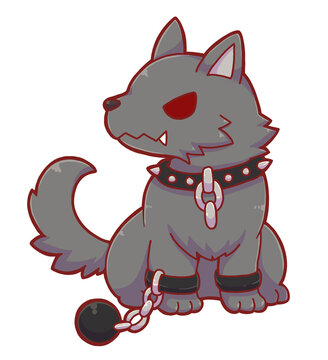 Authentic Hand Drawn Cute Fenrir Wolf Illustration &ndash; Kawaii Norse Mythology Beast with Chains, Collar and Iron Ball in Gothic Fantasy Style