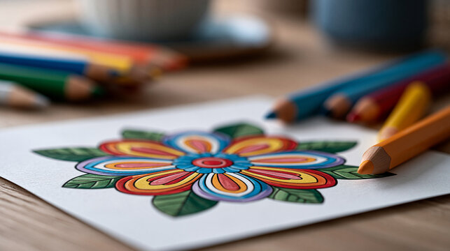 Coloring intricate floral patterns with vibrant colored pencils, creating a relaxing and mindful practice for stress relief and artistic expression hobby