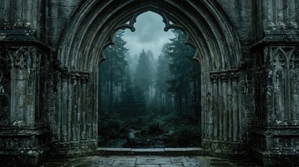 Obraz premium Gothic archway framing misty forest landscape dark fantasy scene