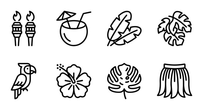 Tropical Icons Set: Tiki Torches, Coconut Drink, Parrot, Hibiscus, Palm Leaves, Hula Skirt