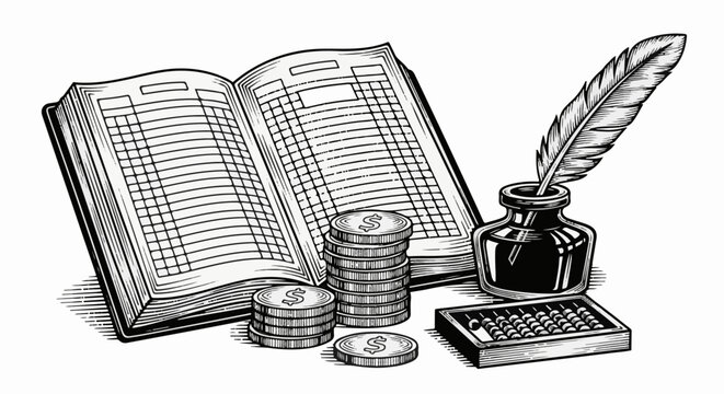An open ledger, coins, inkwell with quill, and abacus represent accounting