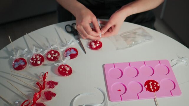 Person wraps red lollipops with decorative ribbon. Hands carefully tie bows around candy sticks. Table holds silicone mold, scissors, and wrapped treats. Bright pink mold shows used candy shapes