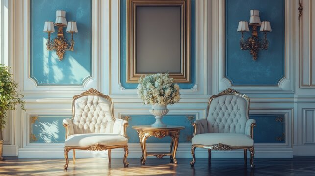 Luxurious antique-style room with two armchairs, a small table, and a blank golden frame. Sunlight streams in