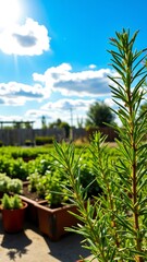 Fototapeta premium Thriving Rosemary and Herbs in Sunlit Nursery