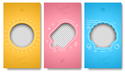 Simple summer vertical banner set, sun, ice cream, sea shell transparent frame on yellow, pink, blue background. Summer time vacation travel icon frame. Social network story template © iaroslavka