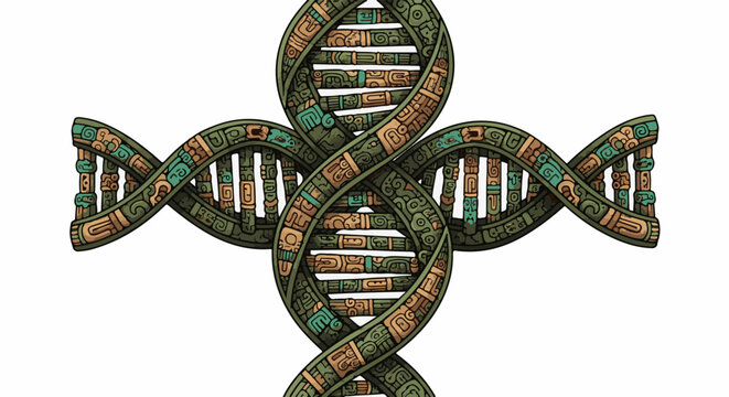 Ancient DNA helix with intricate carvings and symbols, digital art