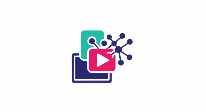 Abstract geometric shapes forming interconnected nodes and a play button