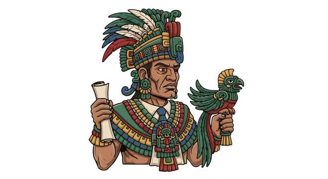 Ancient ruler with elaborate headdress, holding scroll and parrot