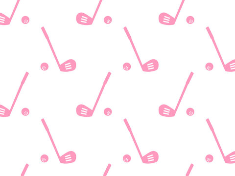 Pink golf club and ball seamless repeat pattern background, sport golf course fitness flat design silhouette