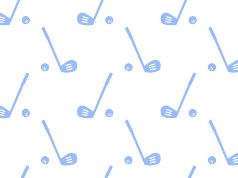 Light blue golf club and ball background with scattered motifs, sport golf course fitness flat design silhouette