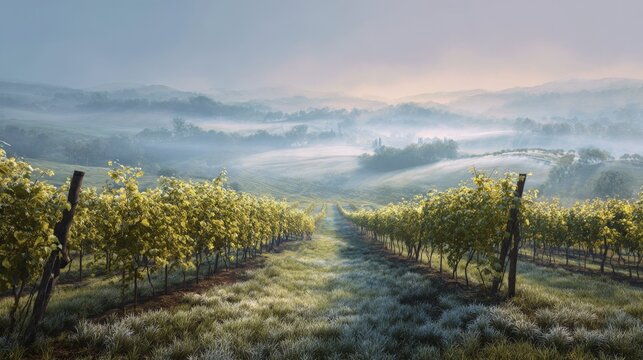 Mist blankets the hills in gentle morning light. Rows of grapevines stretch into distance, quiet and golden. Frost clings to grass and earth, hinting at cool dawn air. Soft haze softens distant trees