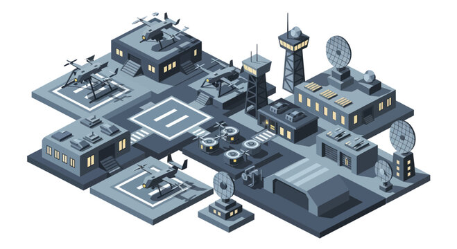 Futuristic Military Base with Helicopters and Towers.