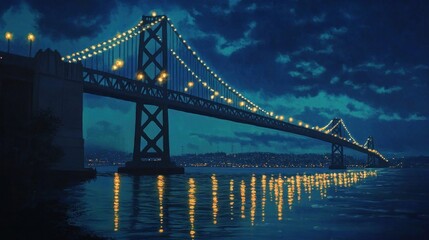 Fototapeta premium Night view of a bridge over water with city lights reflected