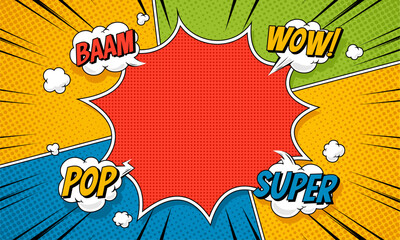 Fototapeta premium Comic Book Pop Art Background with Speech Bubbles and Halftone Dots