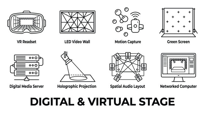 Digital virtual stage elements set vr headset led wall motion capture green screen server.