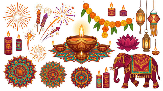 Diwali Festival of Lights Celebration Vector Set with Diya Lamp Rangoli Mandala Fireworks Marigold and Indian Design