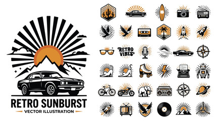 Retro sunburst vector illustration set, vintage badge collection with classic cars and mountains, 40 icons for t-shirt design and branding © zee